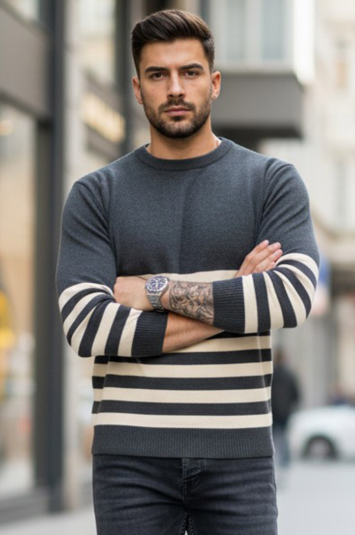 Herren Gestreifte Pullover Farbe Dunkelgrau DSTREET WX2133