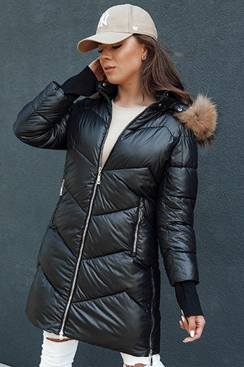 Gesteppte Damen-Kunstfell-Winterjacke mit Kapuze LAGOON schwarz Dstreet TY4499