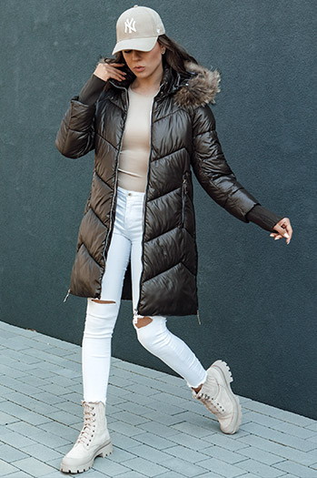 Gesteppte Damen-Kunstfell-Winterjacke mit Kapuze LAGOON mocha Dstreet TY4500