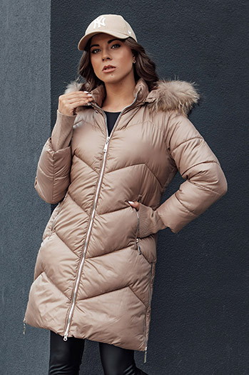 Gesteppte Damen-Kunstfell-Winterjacke mit Kapuze LAGOON camel Dstreet TY4516