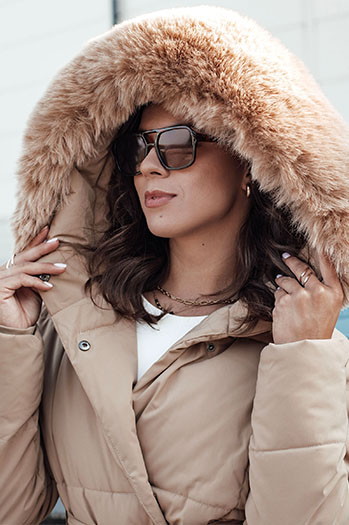 Lange Damen Steppjacke mit Fell GLAMWARM beige Dstreet TY4559