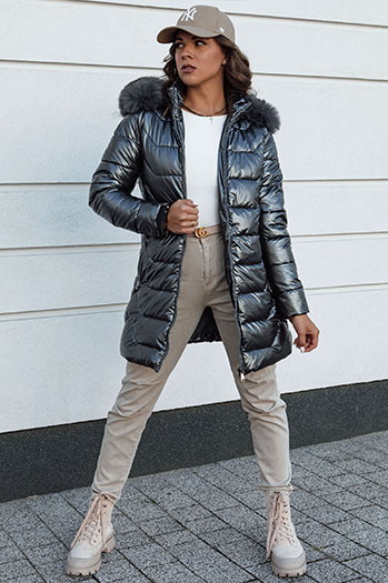 Damen Winterjacke gesteppt lang mit Kapuze SHINE grau Dstreet TY4564