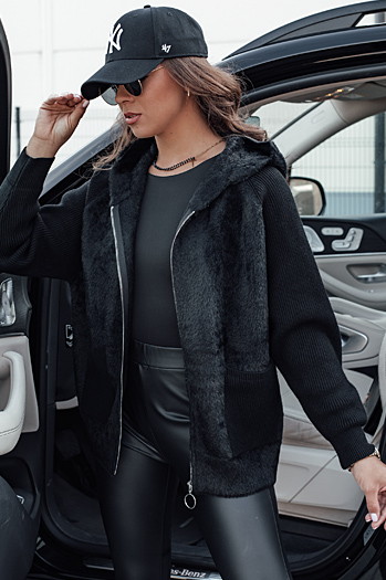 Damen Alpaka Kurzjacke KATHERINE mit Kapuze schwarz Dstreet NY0672