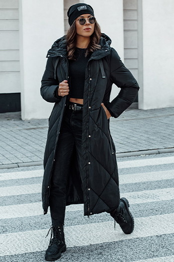 Lange Damen Winter Steppjacke mit Kapuze STREETFIT schwarz Dstreet TY4599