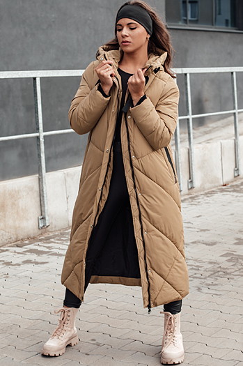 Lange Damen Winter Steppjacke mit Kapuze STREETFIT beige Dstreet TY4600