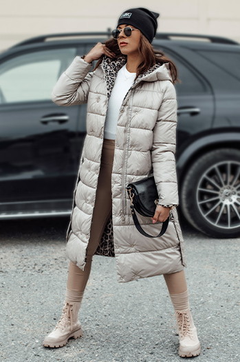 Damen VELVETTI lange Steppjacke mit Kapuze wendbar beige Dstreet TY4653