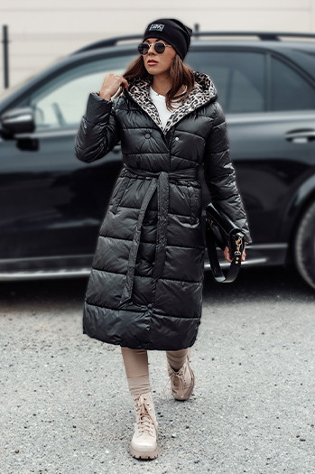 Damen VELVETTI lange Steppjacke mit Kapuze wendbar schwarz Dstreet TY4654