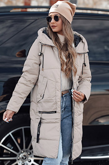 NORFFI Damen Winter lange Steppjacke mit Kapuze hellbeige Dstreet TY4664