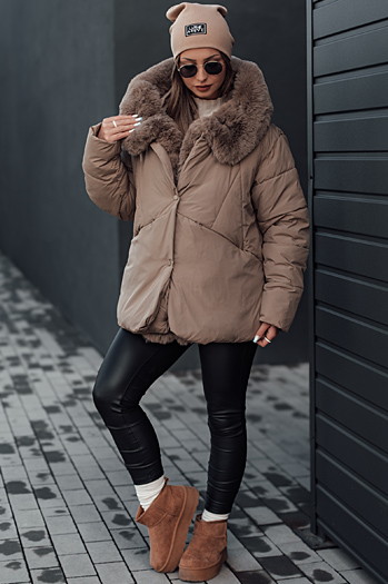 LUNAVI Damen Winterjacke gesteppt mit Fell beige Dstreet TY4666