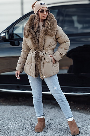 Damen Winterjacke FURSOFT gesteppt mit Kapuze beige Dstreet TY4668