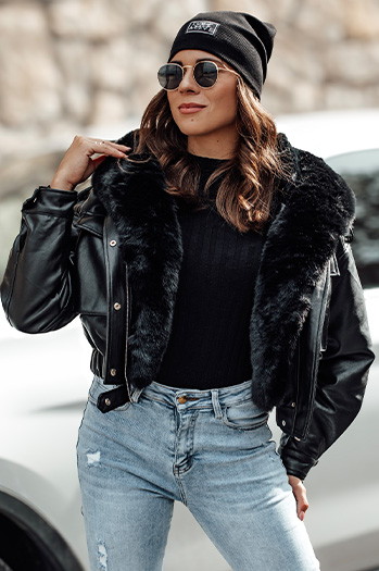 Damen Übergangsjacke MARLEN Leder mit Fell schwarz Dstreet TY4695