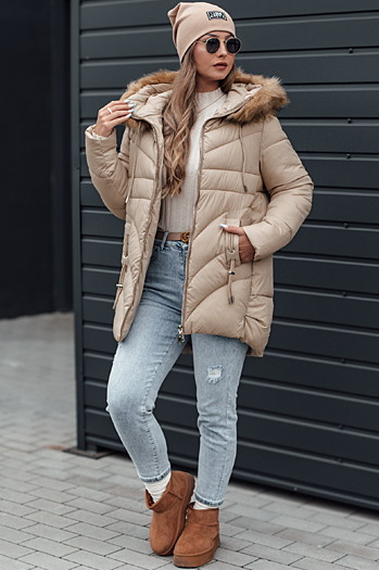 Damen Winterjacke MELOMA gesteppt mit Kapuze hellbeige Dstreet TY4714