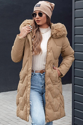 VEONI Frauen Winter lange Steppjacke mit Kapuze hellbeige Dstreet TY4718