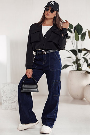 Damen-Baggy-Hose FITZONE denim cargo dunkelblau Dstreet UY2243
