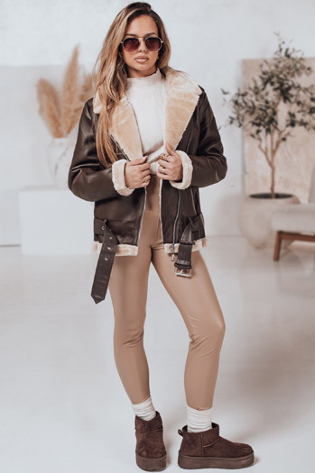 Damen NORFDIMA Lederjacke mit Schafsfell Mantel Kaffee Dstreet TY4736
