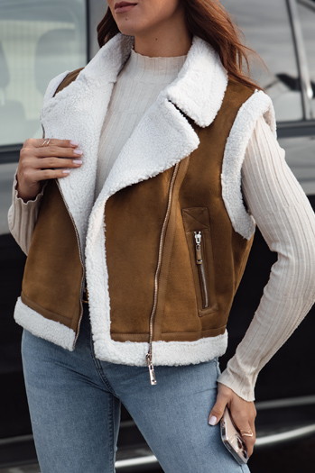 Damenweste aus Wildleder mit Schafsfell WOOLZIP camel Dstreet TY4741