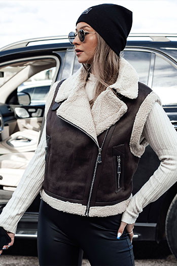 Damenweste aus Wildleder mit Schafsfell WOOLZIP coffee Dstreet TY4746