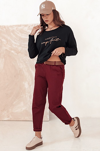 Damen Chinohose Einheitsgröße ELEGANTENO Hose mit Gürtel burgunderrot Dstreet UY2256