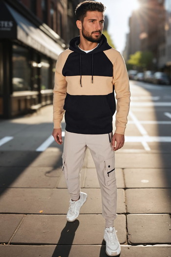Kamelfarbener und schwarz gestreifter Kapuzenpulli für Herren von Dstreet BX5897