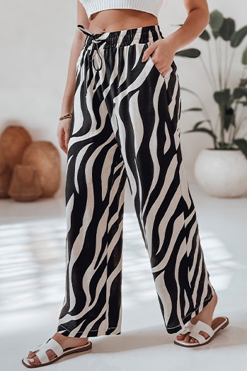 Gestreifte Damenhose mit weitem Bein ZEBRAVIBE beige und schwarz Dstreet UY2653