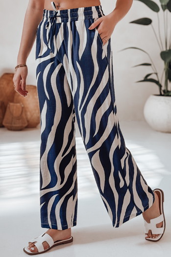 Gestreifte Damenhose mit weitem Bein ZEBRAVIBE navy blau und beige Dstreet UY2654