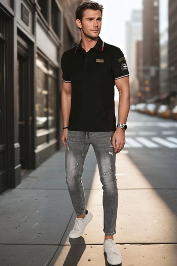Herren Poloshirt mit Patches schwarz Dstreet PX0632