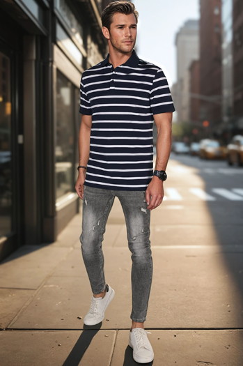 Gestreiftes Herren-Polohemd navyblau Dstreet PX0637
