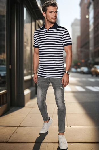 Gestreiftes Herren-Polohemd navyblau Dstreet PX0641