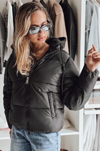 Damen kurze GLAMVO Daunenjacke mit Kapuze schwarz Dstreet TY4950