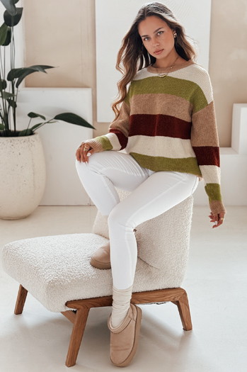 Gestreifter Damen-Pullover CALVENA camel grün Dstreet MY2559