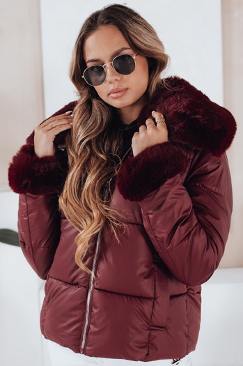 Kurze Damen-Steppjacke mit Pelz in Burgunderrot Dstreet TY5071