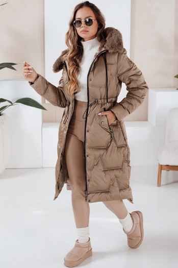 Damen Winter lange gesteppte Jacke mit Pelz camel Dstreet TY5073