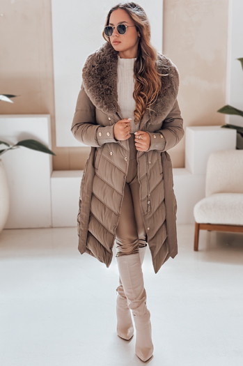 Gesteppte Damen Winterjacke mit Kunstpelz dunkelbeige Dstreet TY5079