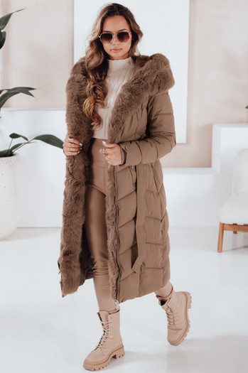 Damen Winter lange Steppjacke mit Pelz camel Dstreet TY5086