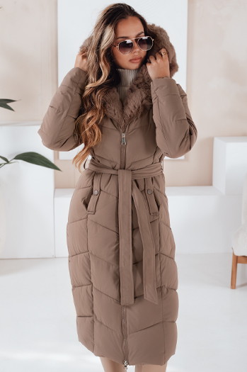 Lange Damen Winter Steppjacke mit Pelz dunkelbeige Dstreet TY5087