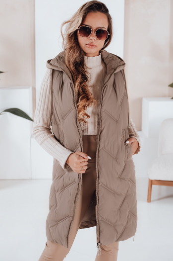 Lange gesteppte Damenweste mit Kapuze camel Dstreet TY5098