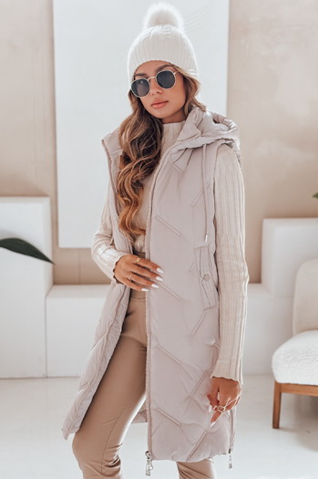 Lange Steppweste für Damen mit Kapuze beige Dstreet TY5099