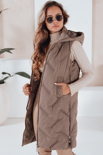 Lange Steppweste für Damen mit Kapuze dunkelbeige Dstreet TY5100