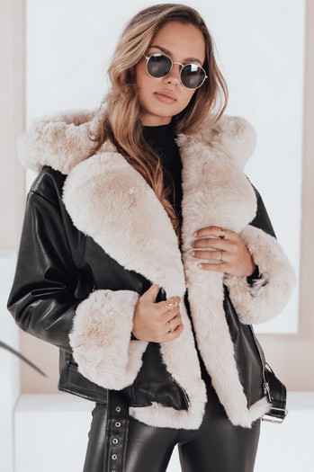Damen Winterjacke Leder Ramsleder mit Fell schwarz Dstreet TY5118