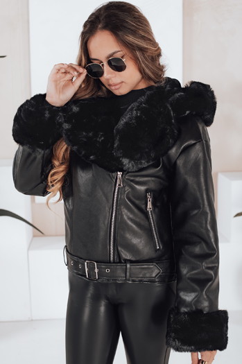 Damen Winterjacke Leder Ramoneskin mit Fell schwarz Dstreet TY5119