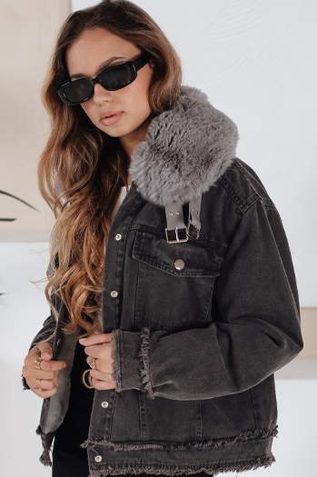 Damen FURDENIM Jeansjacke mit Kunstfell dunkelgrau Dstreet TY5185