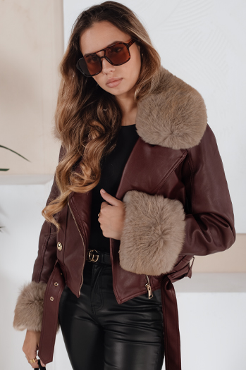 Damen Winter Lederjacke mit Pelz burgundy Dstreet TY5208