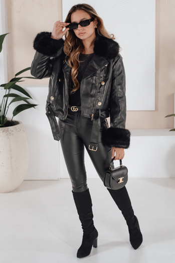 Damen Winter Lederjacke mit Kunstpelz schwarz Dstreet TY5209