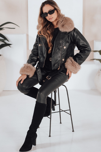 Damen Winter Lederjacke mit Kunstpelz schwarz Dstreet TY5210