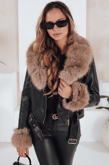 Damen Winter Lederjacke mit Kunstpelz schwarz Dstreet TY5213