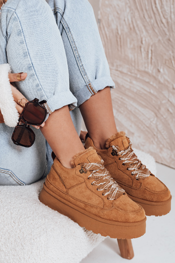Damen pelzigen Plattform Turnschuhe camel Dstreet ZY1068