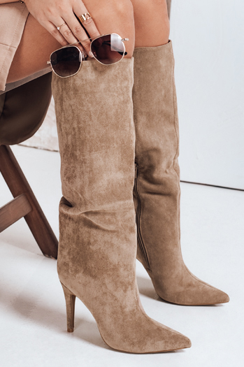 Beigefarbene Damenstiefel aus Wildleder mit Absatz Dstreet ZY1113