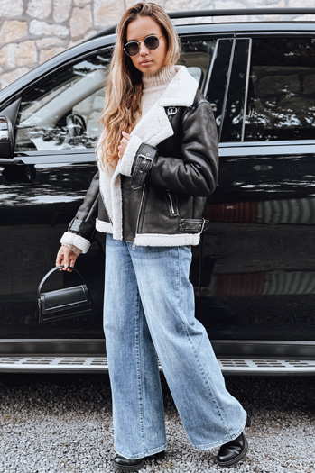 Damen Ramones Jacke mit Schafsfell schwarz Dstreet TY5237