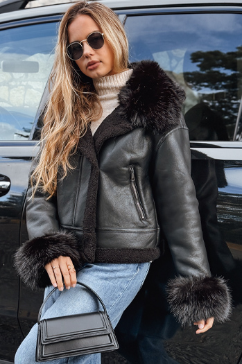 Damen Lederjacke mit Kunstpelz schwarz Dstreet TY5244