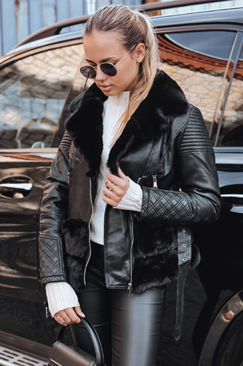 Damen Leder Ramones Jacke mit Pelz schwarz Dstreet TY5274